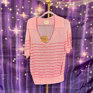 BiBi - Stripe Short Sleeve Collared V-Neck Top - Pink - XL - NWT
